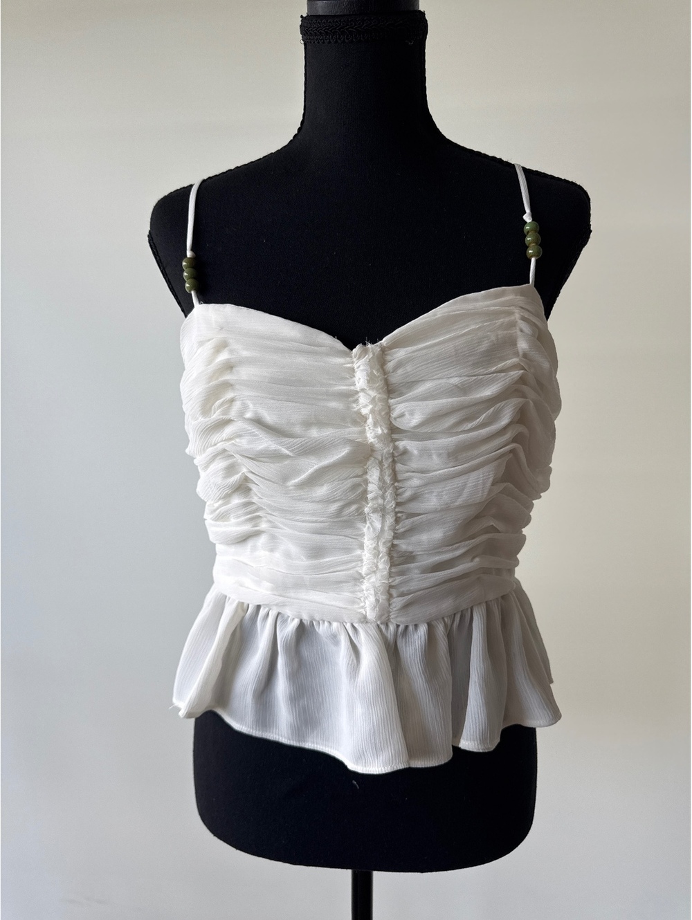 White Ruched Peplum Cami Top Womens Size 10 Tie Strap Coquette Fairycore